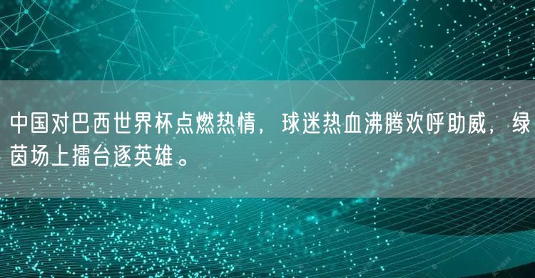 中国对巴西世界杯点燃热情，球迷热血沸腾欢呼助威，绿茵场上擂台逐英雄。