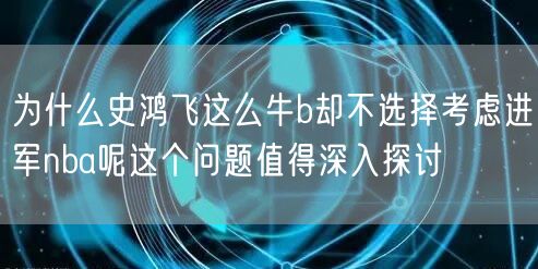 为什么史鸿飞这么牛b却不选择考虑进军nba呢这个问题值得深入